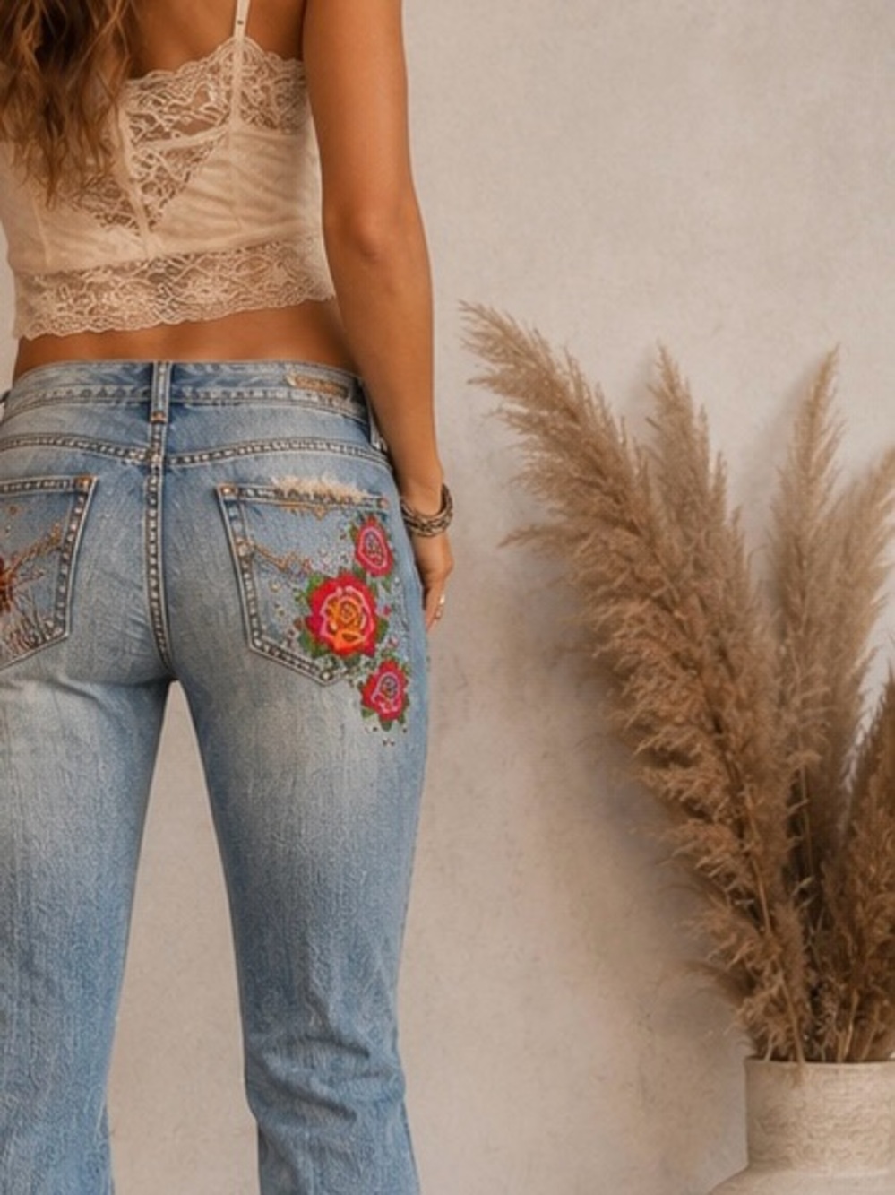 Squeeze Light Blue Flare Jeans with Pink & Green Floral Embroidery size 13